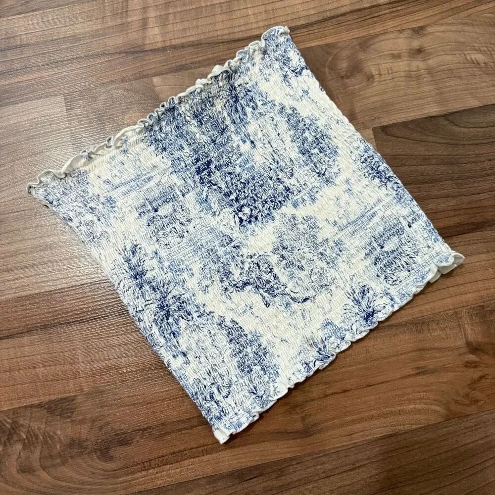 H&M White Smocked Blue Graphic Lettuce Tube Top Small